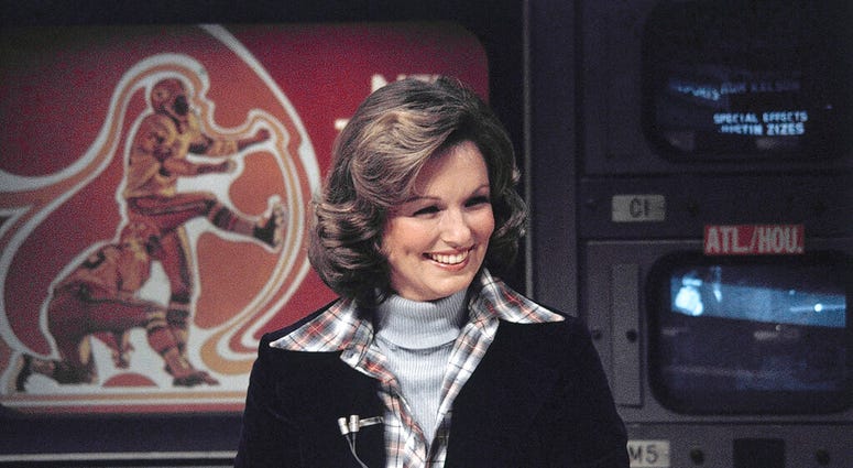 FILE - In this Nov. 28, 1976 file photo, CBS sportscaster Phyllis George is seen in New York. Phyllis George, the former Miss America who became a female sportscasting pioneer on CBS's “The NFL Today” and served as the first lady of Kentucky, has died.
