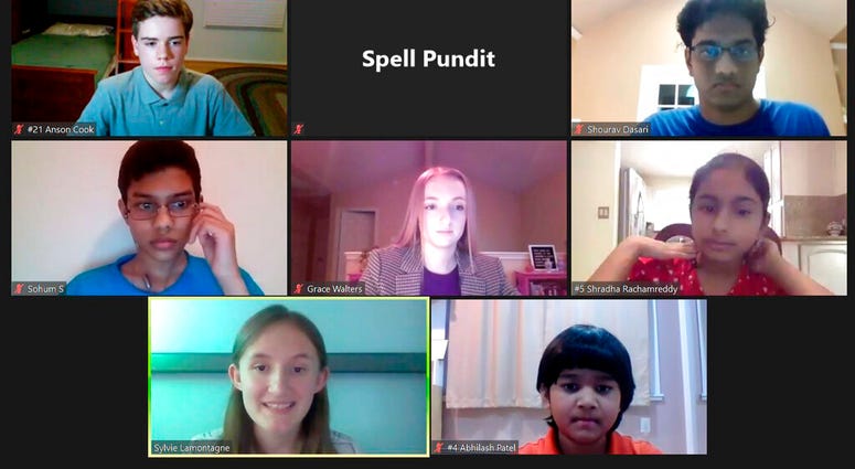In this screenshot provided by SpellPundit, spellers and organizers of the SpellPundit Online National Spelling Bee participate in semifinals Tuesday night, May 26, 2020.