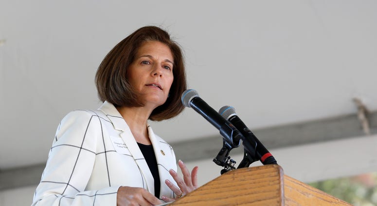 FILE - In this Aug. 20, 2019, file photo Sen. Catherine Cortez Masto, D-Nevada, speaks at the 23rd Annual Lake Tahoe Summit, Tuesday, at South Lake Tahoe, Calif.
