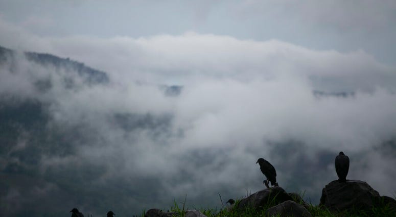 Rain clouds hover over mountains during tropical storm Amanda in Barberena, eastern Guatemala, Sunday, May 31, 2020.