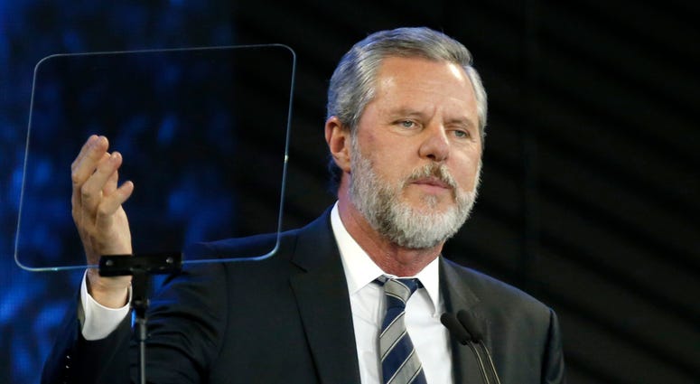 FILE - In this Nov. 28, 2018, file photo, Liberty University President Jerry Falwell Jr. speaks before a convocation at Liberty University in Lynchburg, Va.