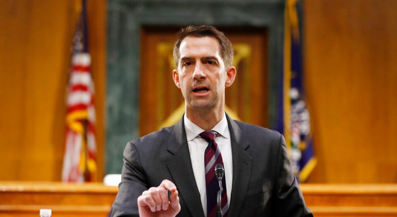 FILE - In this May 5, 2020, file photo Sen. Tom Cotton, R-Ark., speaks during a Senate Intelligence Committee nomination hearing for Rep. John Ratcliffe, R-Texas, on Capitol Hill in Washington.