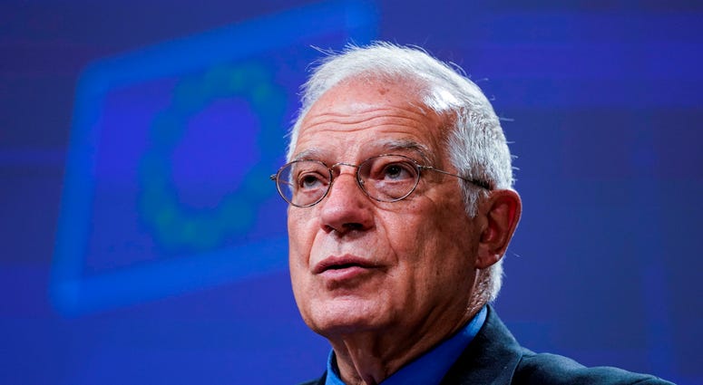 European Union foreign policy chief Josep Borrell addresses an online press conference following an EU-China Strategic Dialogue video meeting with senior Chinese representatives at EU headquarters in Brussels, Tuesday, June 9, 2020.