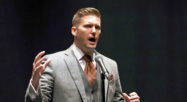 FILE - In this Oct. 19, 2017, file photo, white nationalist Richard Spencer speaks at the University of Florida in Gainesville, Fla.