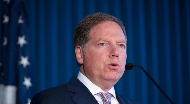 FILE - In this April 23, 2019, file photo, Geoffrey Berman, U.S. Attorney for the Southern District of New York, speaks during a news conference in New York. Berman is stepping down as the U.S. attorney for the Southern District of New York. (
