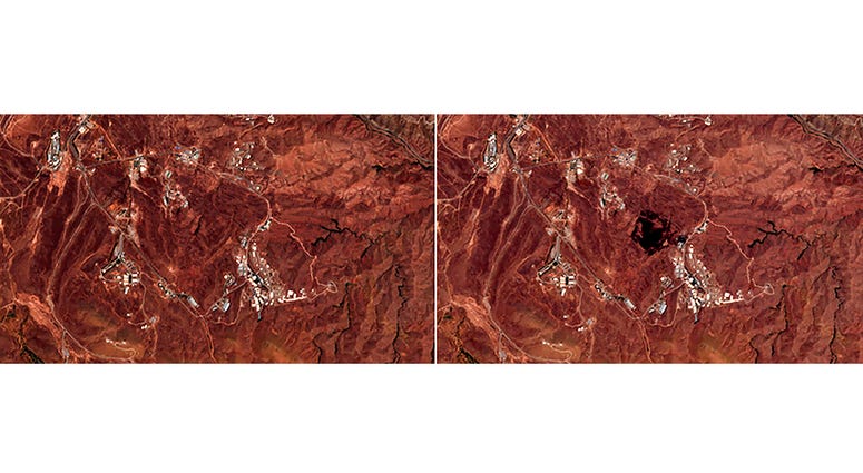 This Friday, June 26, 2020, photo combo from the European Commission's Sentinel-2 satellite shows the site of an explosion, before, left, and after, right, that rattled Iran’s capital.