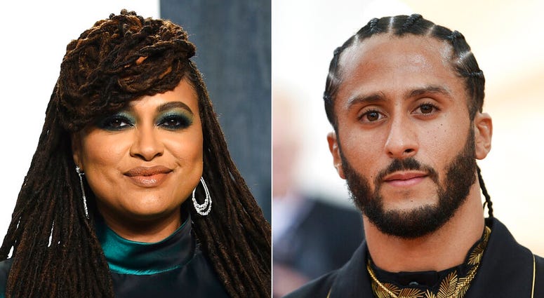In this combination photo, filmmaker Ava DuVernay appears at the Vanity Fair Oscar Party in Beverly Hills, Calif. on Feb. 9, 2020, left, and Colin Kaepernick attends The Metropolitan Museum of Art's Costume Institute benefit gala in New York on May 6, 201
