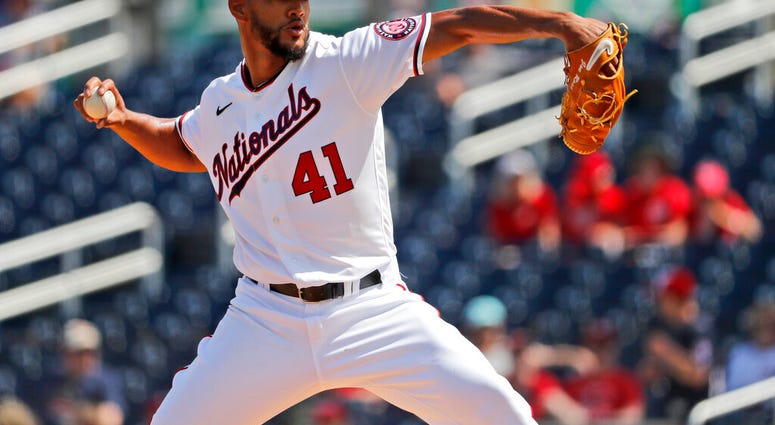 FILE - In a Monday, March 2, 2020 file photo, Washington Nationals pitcher Joe Ross throws during the first inning of a spring training baseball game against the Miami Marlins, in West Palm Beach, Fla.