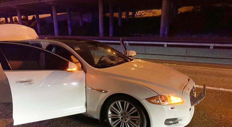 This early Saturday, July 4, 2020 photo provided by the Washington State Patrol shows the vehicle of Dawit Kelete who is suspected of driving into a protest on Interstate 5 in Seattle. Seattle has been the site of prolonged unrest following the May 25 pol