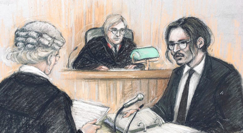 Court artist sketch by Elizabeth Cook, showing actor Johnny Depp, right, being cross-examined by Sasha Wass QC, left, before the judge, Justice Nicol, at the High Court in London, Tuesday July 7, 2020.