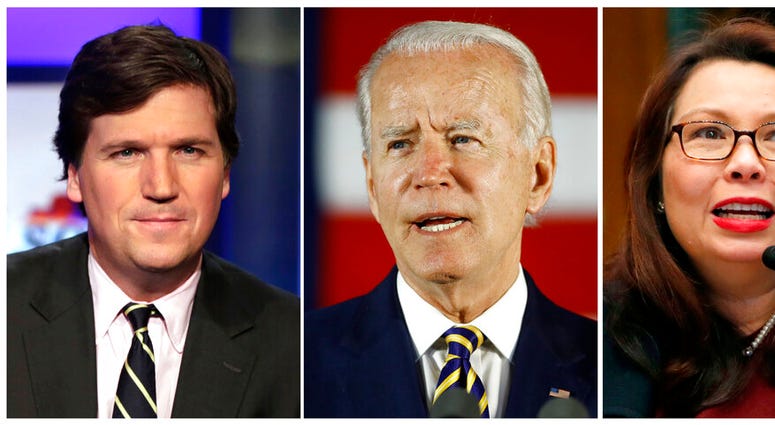In this combination photo, Tucker Carlson, from left, host of "Tucker Carlson Tonight," poses for photos on March 2, 2017, in New York, democratic presidential candidate, former Vice President Joe Biden speaks on June 17, 2020, in Darby, Pa. and Sen. Tamm