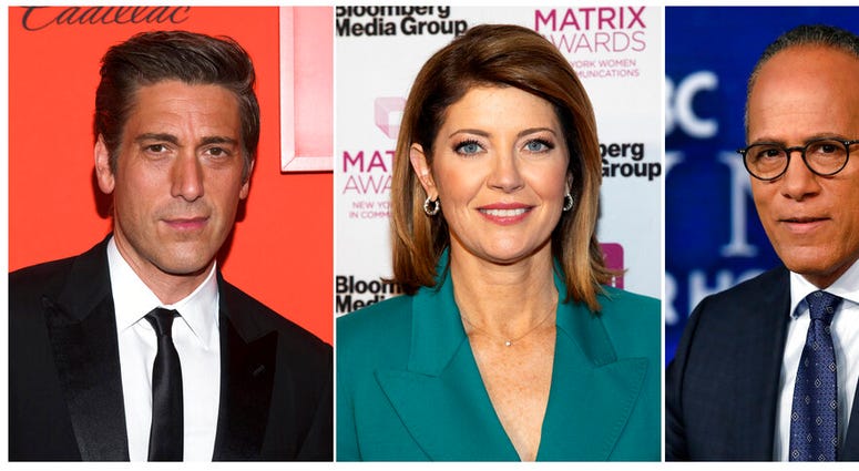 This combination photo shows, from left, David Muir at the Time 100 Gala on April 23, 2019, in New York, Norah O'Donnell at the Matrix Awards on May 6, 2019, in New York and Lester Holt posing for a photo on July 31, 2019 in New York.
