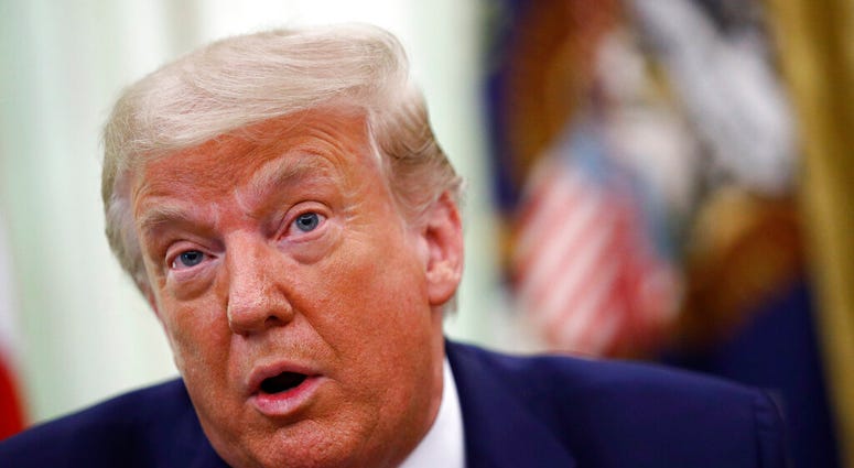 President Donald Trump speaks during a law enforcement briefing on the MS-13 gang in the Oval Office of the White House, Wednesday, July 15, 2020, in Washington.