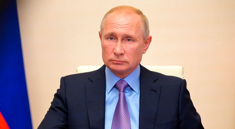 Russian President Vladimir Putin leads a cabinet meeting via video conference at the Novo-Ogaryovo residence outside Moscow, Russia, Thursday, July 16, 2020.