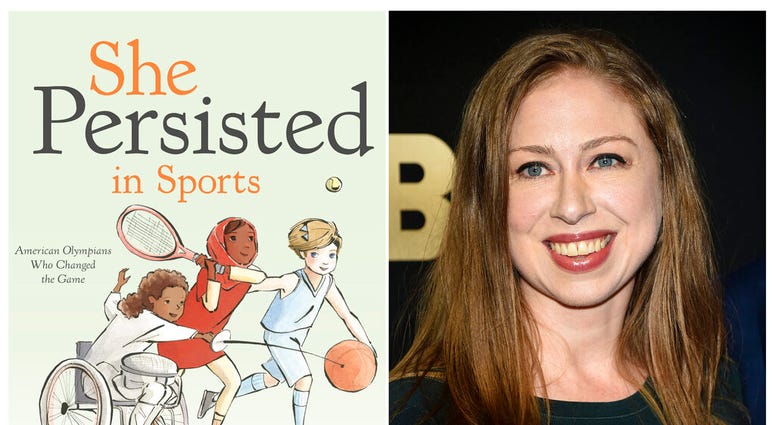 This combination photo shows a cover image released by Penguin Young Readers of "She Persisted in Sports" by Chelsea Clinton, left, and Chelsea Clinton at the Lincoln Center for the Performing Arts American Songbook Gala on May 29, 2018, in New York.