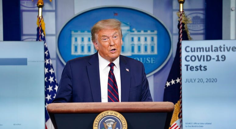 President Donald Trump speaks during a news conference at the White House, Tuesday, July 21, 2020, in Washington.