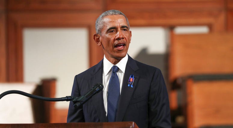 Former President Barack Obama, addresses the service during the funeral for the late Rep. John Lewis, D-Ga., at Ebenezer Baptist Church in Atlanta, Thursday, July 30, 2020. (Alyssa Pointer/Atlanta Journal-Constitution via AP, Pool) Former President Barack Obama, addresses the service during the funeral for the late Rep. John Lewis, D-Ga., at Ebenezer Baptist Church in Atlanta, Thursday, July 30, 2020. (Alyssa Pointer/Atlanta Journal-Constitution via AP, Pool)