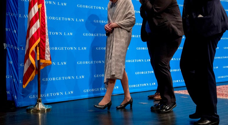 FILE - In this Sept. 12, 2019, file photo Supreme Court Justice Ruth Bader Ginsburg departs after speaking at Georgetown Law in Washington.