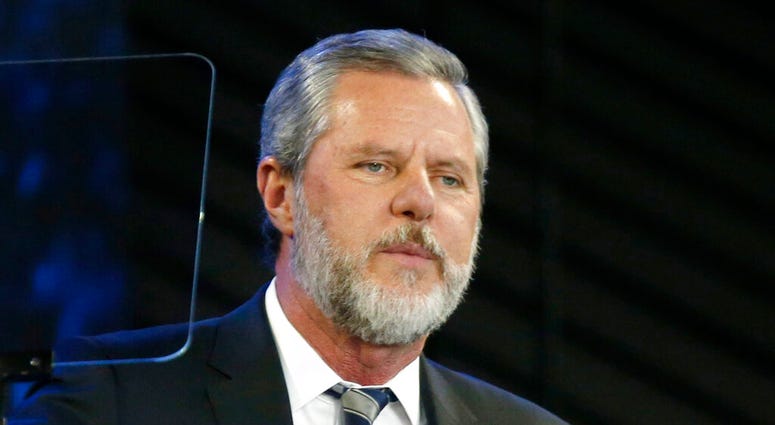 FILE - In this Nov. 28, 2018, file photo, Liberty University President Jerry Falwell Jr. speaks before a convocation at Liberty University in Lynchburg, Va.