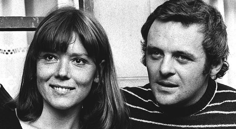 FILE - In this Sept. 20, 1972 file photo, British actress Diana Rigg and actor Anthony Hopkins attend the opening night of Macbeth at the National Theatre, London.