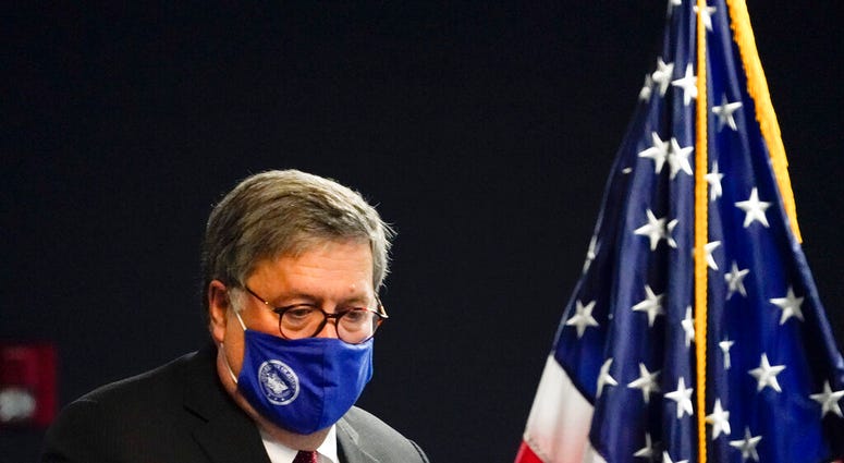 U.S. Attorney General William Barr arrives to speak with federal officials for a panel discussion on combatting human trafficking at the U.S. Attorney's Office on Monday, Sept. 21, 2020, in Atlanta. (AP Photo/Brynn Anderson) U.S. Attorney General William Barr arrives to speak with federal officials for a panel discussion on combatting human trafficking at the U.S. Attorney's Office on Monday, Sept. 21, 2020, in Atlanta. (AP Photo/Brynn Anderson)