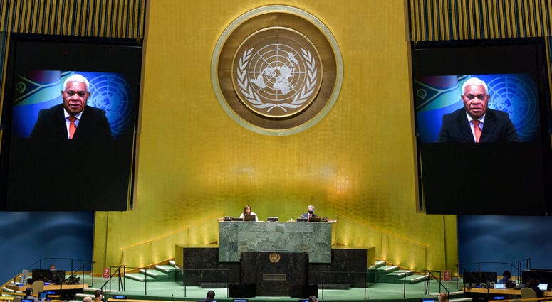 Bob Loughman, prime minister of Vanuatu, speaks in a pre-recorded message which was played during the 75th session of the United Nations General Assembly, Saturday, Sept. 26, 2020, at U.N. headquarters. (Manuel Elias/UN Photo via AP) Bob Loughman, prime minister of Vanuatu, speaks in a pre-recorded message which was played during the 75th session of the United Nations General Assembly, Saturday, Sept. 26, 2020, at U.N. headquarters. (Manuel Elias/UN Photo via AP)