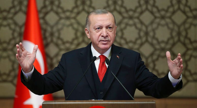 Turkey's President Recep Tayyip Erdogan speaks during a gathering of Turkish ambassadors, in Ankara, Turkey, Monday, Nov. 9, 2020. (Turkish Presidency via AP, Pool) Turkey's President Recep Tayyip Erdogan speaks during a gathering of Turkish ambassadors, in Ankara, Turkey, Monday, Nov. 9, 2020. (Turkish Presidency via AP, Pool)