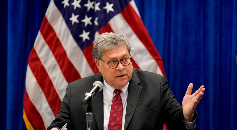 In this Oct. 15, 2020, file photo U.S. Attorney General William Barr speaks during a roundtable discussion on Operation Legend in St. Louis. (AP Photo/Jeff Roberson, File) In this Oct. 15, 2020, file photo U.S. Attorney General William Barr speaks during a roundtable discussion on Operation Legend in St. Louis. (AP Photo/Jeff Roberson, File)