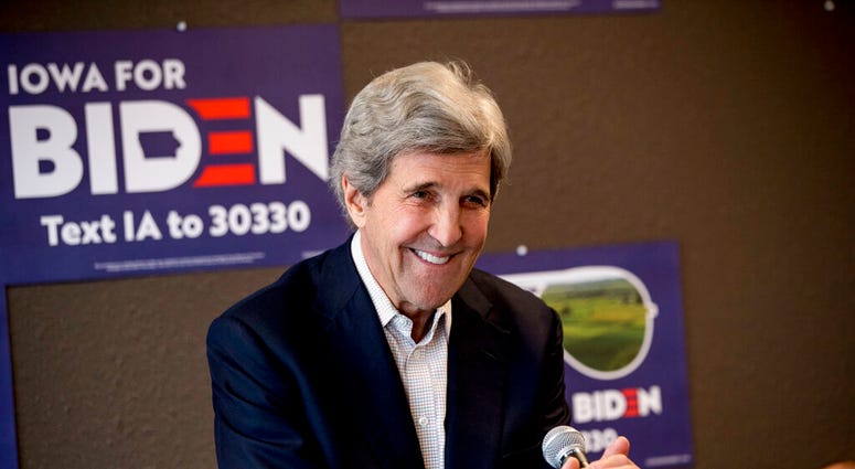FILE - In this Jan. 9, 2020, file photo former Secretary of State John Kerry smiles while speaking at a campaign stop to support Democratic presidential candidate former Vice President Joe Biden. (AP Photo/Andrew Harnik, File) FILE - In this Jan. 9, 2020, file photo former Secretary of State John Kerry smiles while speaking at a campaign stop to support Democratic presidential candidate former Vice President Joe Biden. (AP Photo/Andrew Harnik, File)