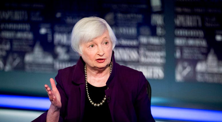 FILE - In this Aug. 14, 2019, file photo former Fed Chair Janet Yellen speaks with FOX Business Network guest anchor Jon Hilsenrath in the Fox Washington bureau in Washington. (AP Photo/Andrew Harnik, File) FILE - In this Aug. 14, 2019, file photo former Fed Chair Janet Yellen speaks with FOX Business Network guest anchor Jon Hilsenrath in the Fox Washington bureau in Washington. (AP Photo/Andrew Harnik, File)