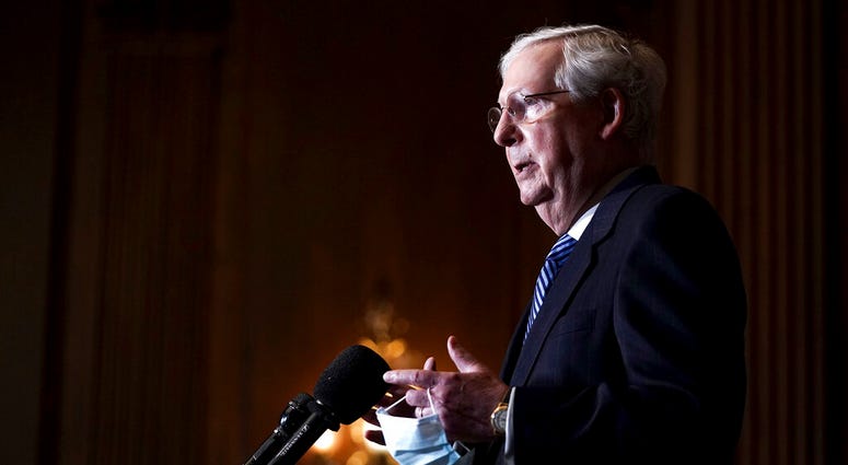 Senate Majority Leader Mitch McConnell of Kentucky talks during a news conference Tuesday, Dec. 8, 2020, on Capitol Hill in Washington. (Greg Nash/Pool via AP) Senate Majority Leader Mitch McConnell of Kentucky talks during a news conference Tuesday, Dec. 8, 2020, on Capitol Hill in Washington. (Greg Nash/Pool via AP)
