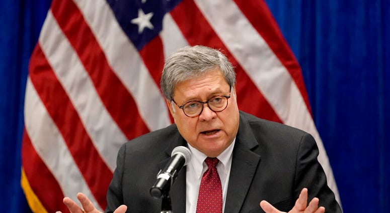 FILE - In this Oct. 15, 2020, file photo, Attorney General William Barr speaks during a roundtable discussion on Operation Legend in St. Louis. Barr has announced he is resigning.