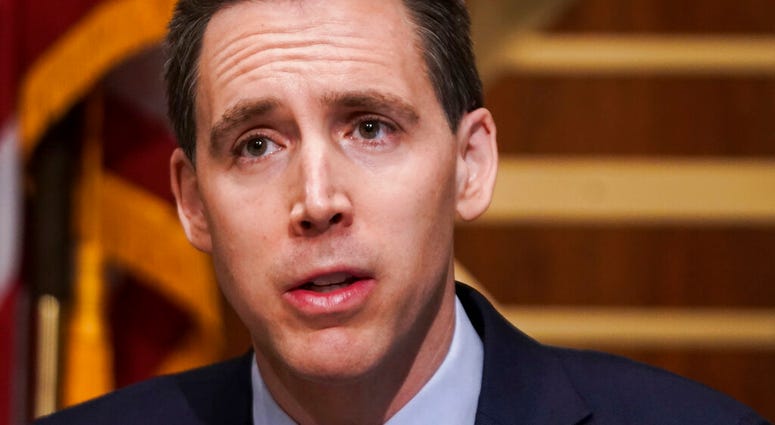 Sen. Josh Hawley, R-Mo., asks questions during a Senate Homeland Security & Governmental Affairs Committee hearing. (Greg Nash/Pool via AP) Sen. Josh Hawley, R-Mo., asks questions during a Senate Homeland Security & Governmental Affairs Committee hearing. (Greg Nash/Pool via AP)