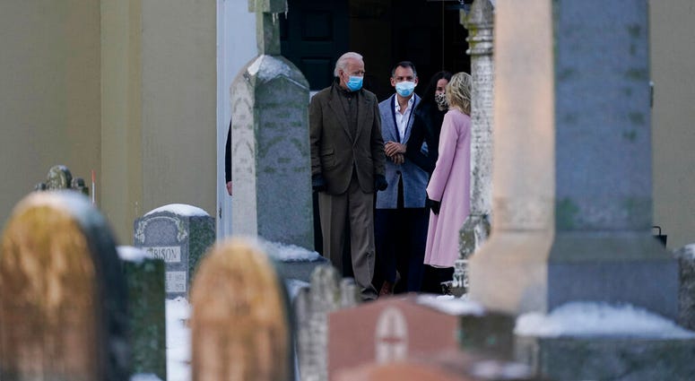 President-elect Joe Biden and his wife Jill Biden pause to talk with Ashley Biden and her husband Howard Krein as they walk from St. Joseph on the Brandywine Roman Catholic Church in Wilmington, Del., Friday, Dec. 18, 2020.