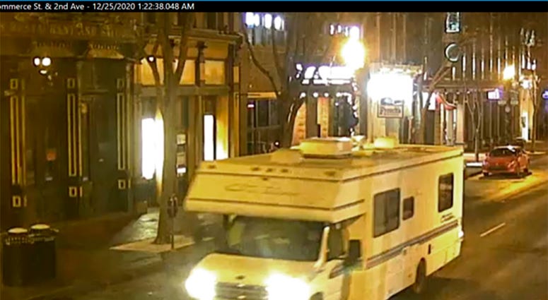 This image taken from surveillance video provided by Metro Nashville PD shows a recreational vehicle that was involved in a blast on Friday, Dec. 25, 2020 in Nashville, Tenn. (Metro Nashville PD via AP) This image taken from surveillance video provided by Metro Nashville PD shows a recreational vehicle that was involved in a blast on Friday, Dec. 25, 2020 in Nashville, Tenn. (Metro Nashville PD via AP)