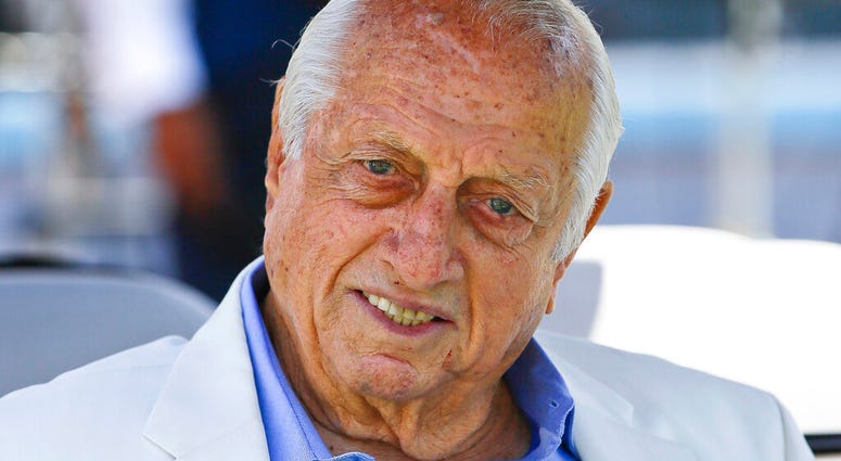 FILE - In this April 11, 2018, file photo, former Los Angeles Dodgers manager Tommy Lasorda attends a news conference in Los Angeles.
