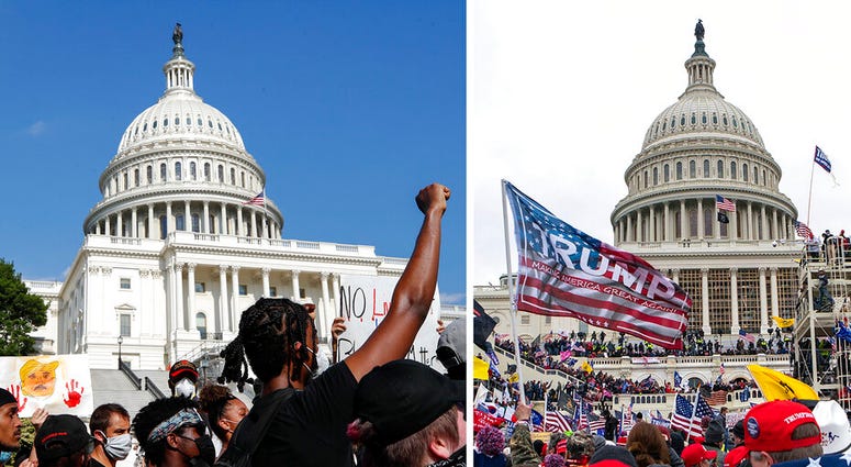 In this combination of photos, demonstrators, left, protest June 4, 2020, in front of the U.S. Capitol in Washington, over the death of George Floyd and on Jan. 6, 2021, supporters of President Donald Trump rally at same location.