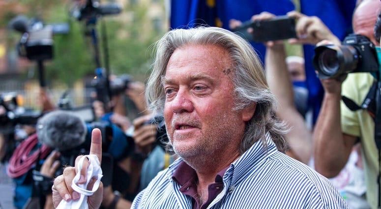 In this Aug. 20, 2020, file photo, President Donald Trump's former chief strategist, Steve Bannon, speaks with reporters in New York. (AP Photo/Eduardo Munoz Alvarez, File) In this Aug. 20, 2020, file photo, President Donald Trump's former chief strategist, Steve Bannon, speaks with reporters in New York. (AP Photo/Eduardo Munoz Alvarez, File)