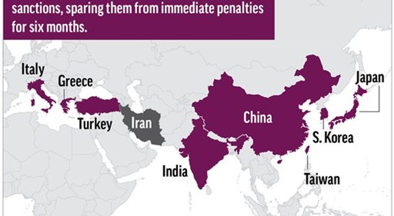 Map highlights the eight countries receiving temporary oil sanction waivers