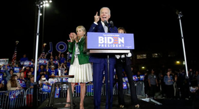 Democratic presidential candidate former Vice President Joe Biden speaks, next to his wife Jill during a primary election night rally Tuesday, March 3, 2020, in Los Angeles. (AP Photo/Marcio Jose Sanchez) Democratic presidential candidate former Vice President Joe Biden speaks, next to his wife Jill during a primary election night rally Tuesday, March 3, 2020, in Los Angeles. (AP Photo/Marcio Jose Sanchez)