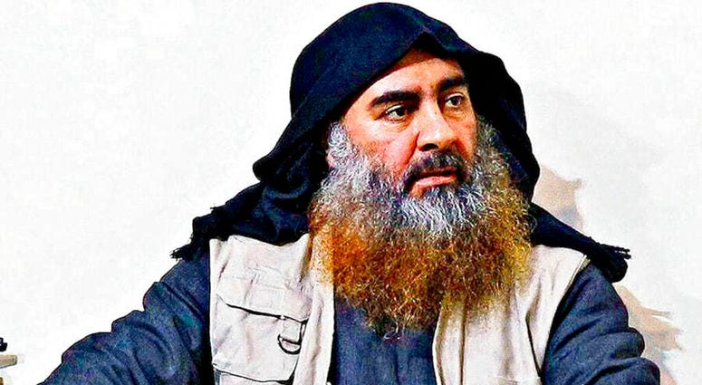 This image released by the Department of Defense on Wednesday, Oct. 30, 2019, and displayed at a Pentagon briefing, shows an image of Islamic State leader Abu Bakr al-Baghdadi. (Department of Defense via AP)