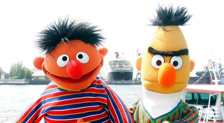 FILE - In this May 9, 2006, file photo, Ernie and Bert of “Sesame Street” pose in front of the Queen Mary II in the harbor of Hamburg, Germany. The producers of “Sesame Street” tweeted Tuesday, Sept. 18, 2018, that Bert and Ernie are not gay in response t