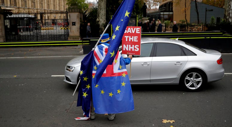Anti-Brexit supporter Steve Bray from south Wales, , Thursday, Nov. 15, 2018. (AP Photo/Matt Dunham)