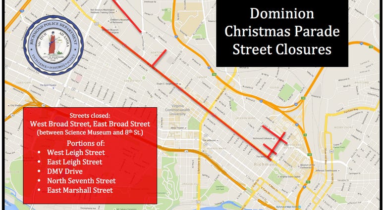 Many roads will be closed for Saturday's Dominion Energy Christmas Parade. (Map image from Richmond Police) Many roads will be closed for Saturday's Dominion Energy Christmas Parade. (Map image from Richmond Police)
