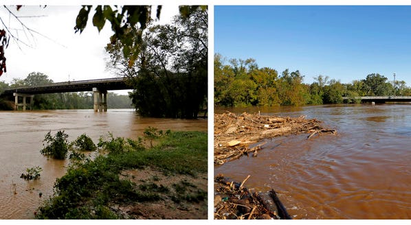 In this combination of photos, Cape Fear River flows under the Person Street bridge on Sept. 15, 2018, left, and on Sept. 19, 2018, in the aftermath of Hurricane Florence in Fayetteville, N.C. (AP Photo/David Goldman)