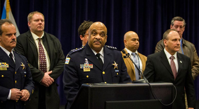 Chicago Police Supt. Eddie Johnson speaks during a press conference at CPD headquarters, Thursday, Feb. 21, 2019. (Ashlee Rezin/Chicago Sun-Times via AP)
