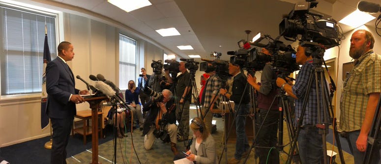 Lieutenant Governor Justin Fairfax address reporters on April 3, 2019. (Matt Demlein, WRVA)
