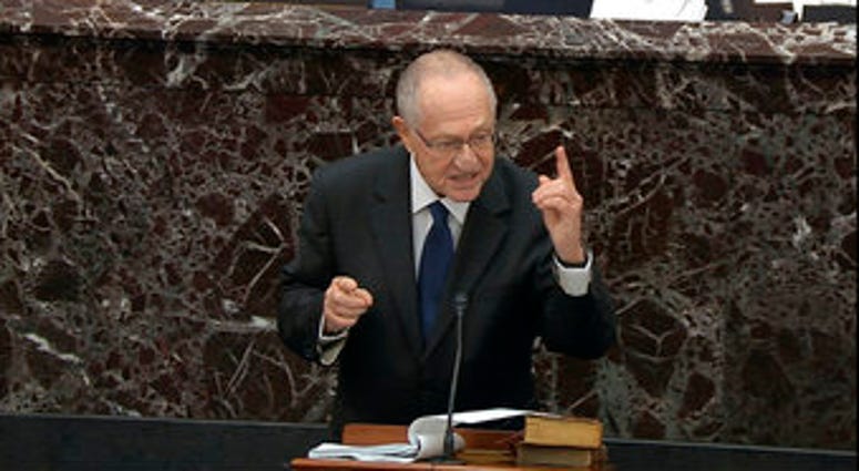 In this image from video, Alan Dershowitz, an attorney for President Donald Trump, speaks during the impeachment trial against Trump in the Senate at the U.S. Capitol in Washington, Monday, Jan. 27, 2020. (Senate Television via AP) In this image from video, Alan Dershowitz, an attorney for President Donald Trump, speaks during the impeachment trial against Trump in the Senate at the U.S. Capitol in Washington, Monday, Jan. 27, 2020. (Senate Television via AP)