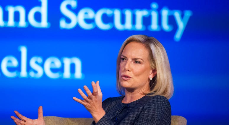 Secretary of Homeland Security Kirstjen Nielsen speaks to George Washington University's Center for Cyber and Homeland Security, in Washington, Wednesday, Sept. 5, 2018.
