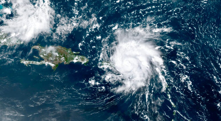 This GOES-16 satellite image taken Wednesday, Aug. 28, 209, at 17:20 UTC and provided by National Oceanic and Atmospheric Administration (NOAA), shows Hurricane Dorian. (NOAA via AP)